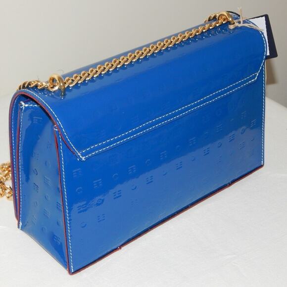 ARCADIA Genuine Patent Leather Flap Chain Crossbody Bag Sapphire Blue Italy NWT - Picture 8 of 13